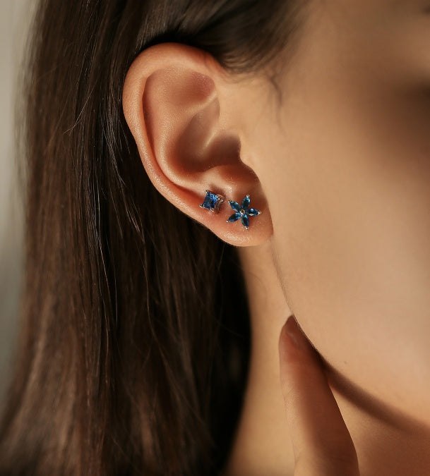 Asymmetrical Blue Square Modified&Flower CZ Stud Earring