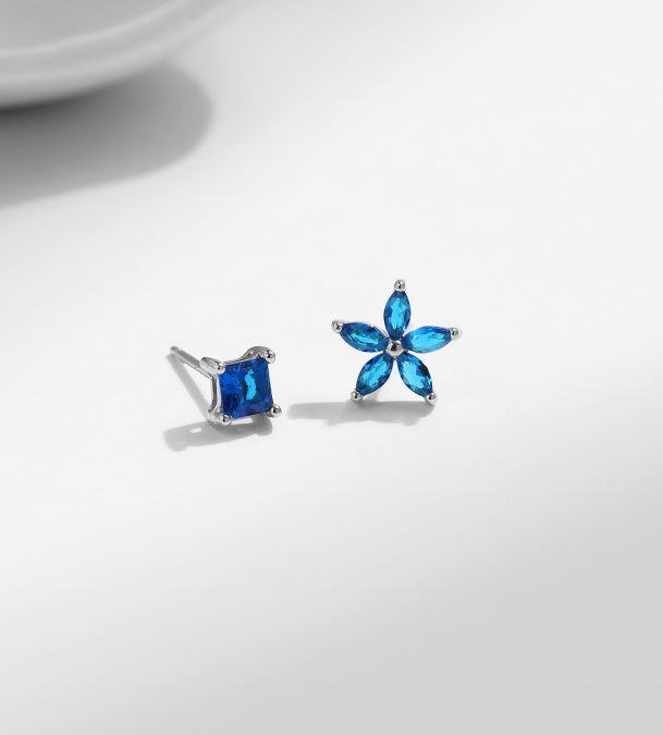 Asymmetrical Blue Square Modified&Flower CZ Stud Earring