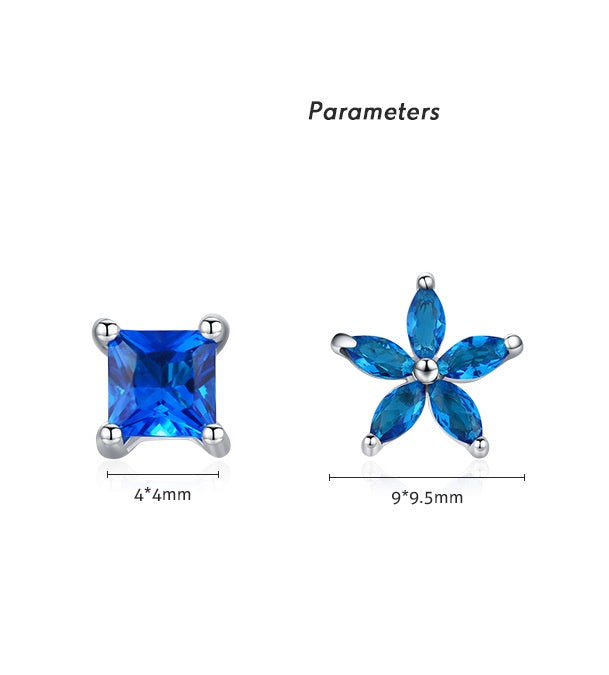 Asymmetrical Blue Square Modified&Flower CZ Stud Earring