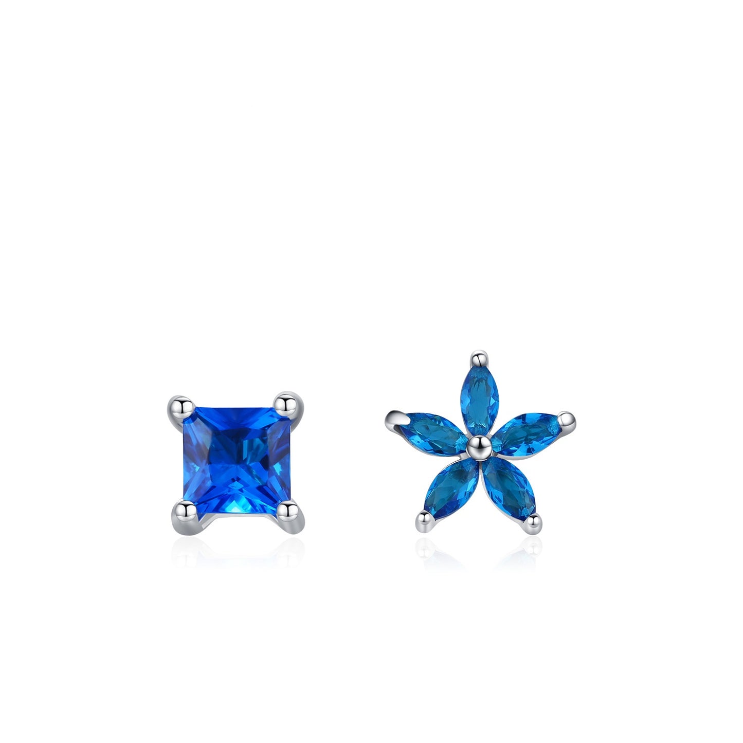 Asymmetrical Blue Square Modified&Flower CZ Stud Earring