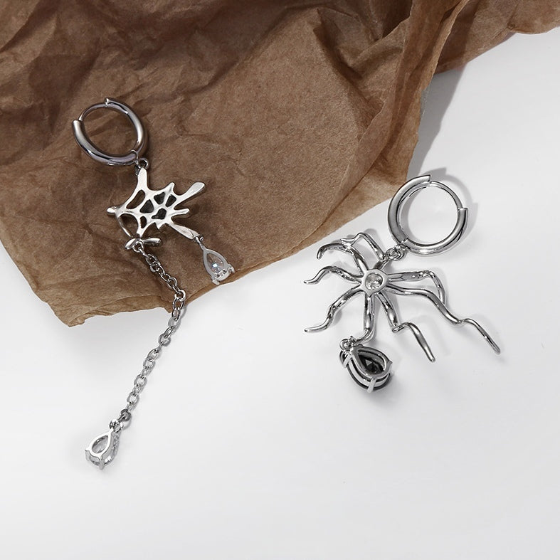 Chic Designer Silver Asymmetric Spider Earring