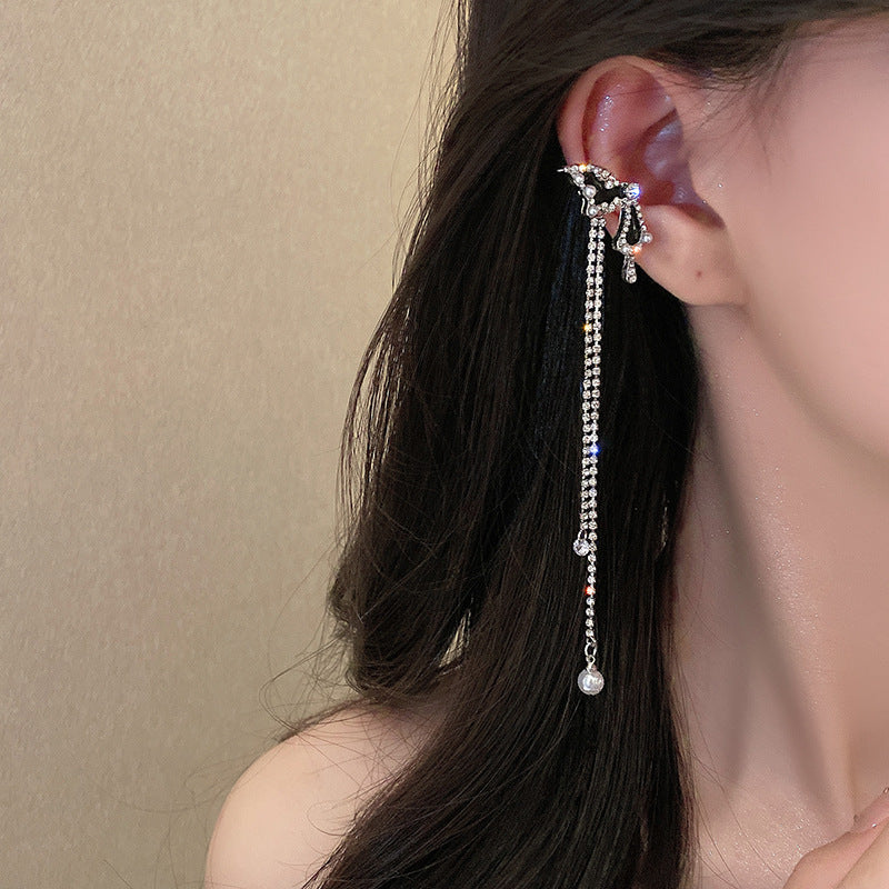 Elegant White Pearl & Black Butterfly Long Tassel Ear Clip(no ear piercing needed)