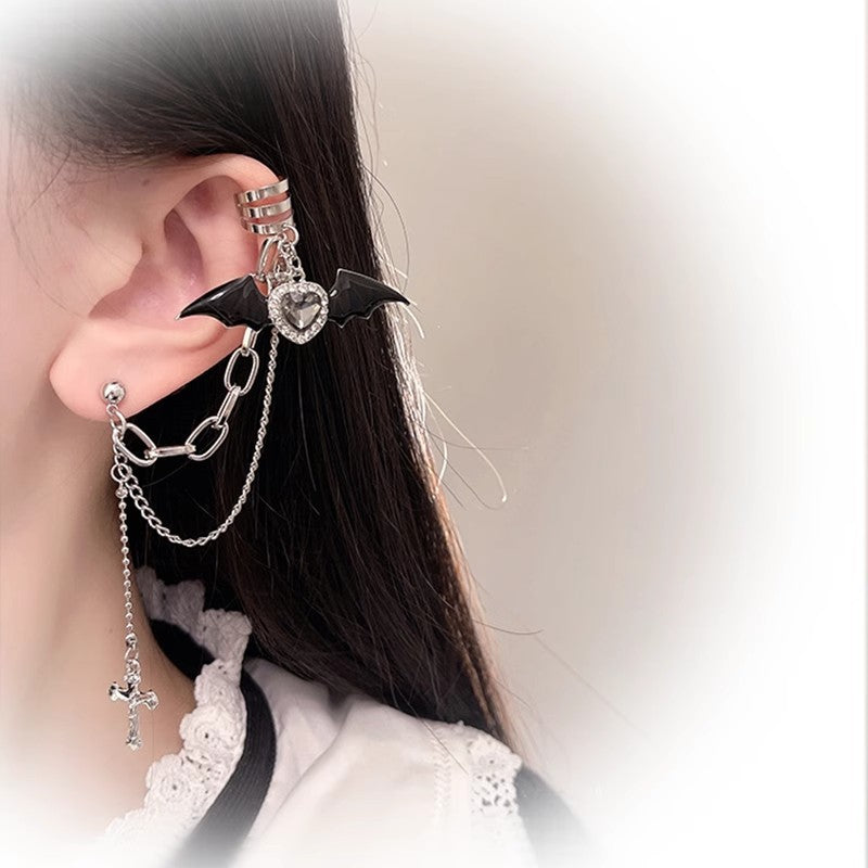 Y2K Sweet Diablo Bat & Cross Cuff Earrings