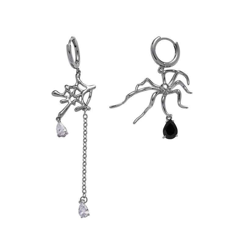 Chic Designer Silver Asymmetric Spider Earring