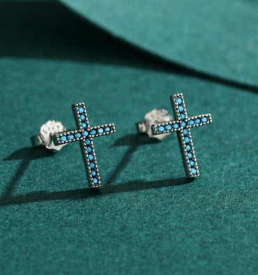 Micro Pave Minimalist Style Sterling Silver Cross Stud Earring