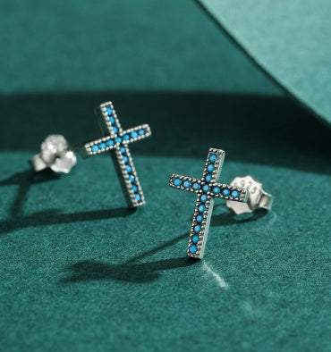 Micro Pave Minimalist Style Sterling Silver Cross Stud Earring