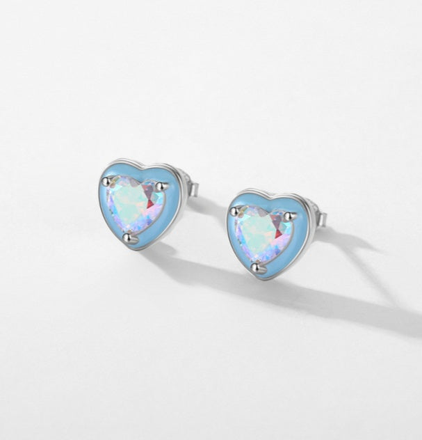 Fresh & Stylish Korean Fashion Glue Dripping Vibrant Colored CZ Heart-shaped Ear Studs