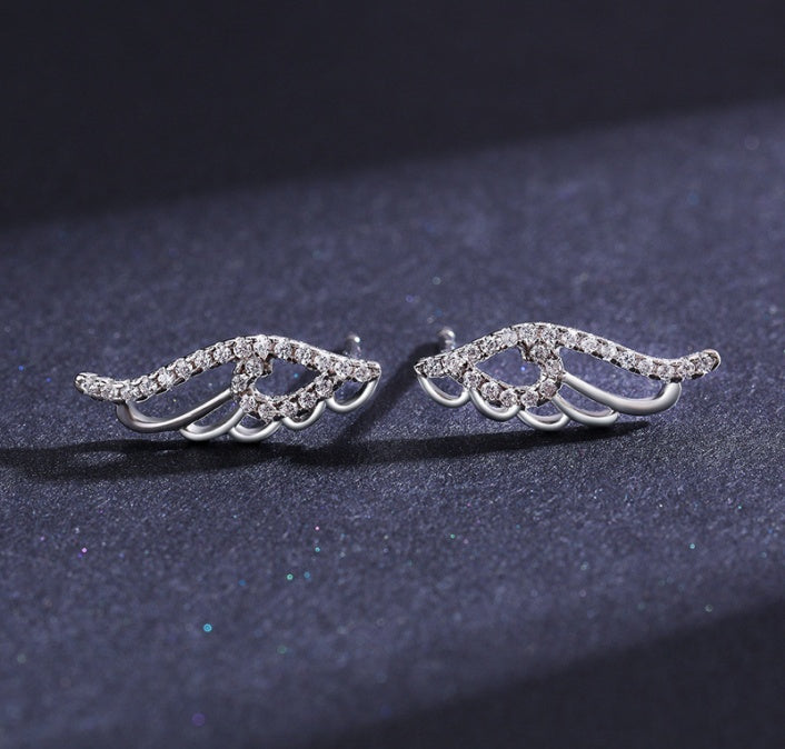 Exquisite Celestial Wing Sterling Silver Ear Studs Bedecked with Gems