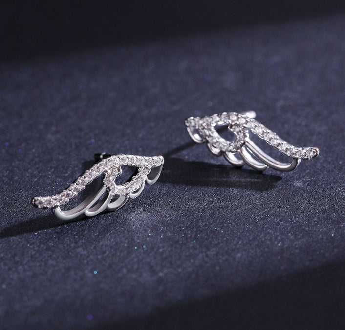 Exquisite Celestial Wing Sterling Silver Ear Studs Bedecked with Gems