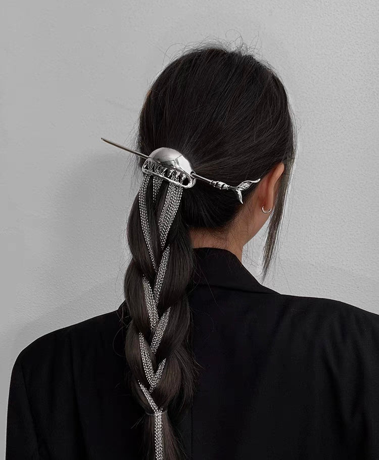 Designer Unique Silver Shark Long Tassel Hairpin