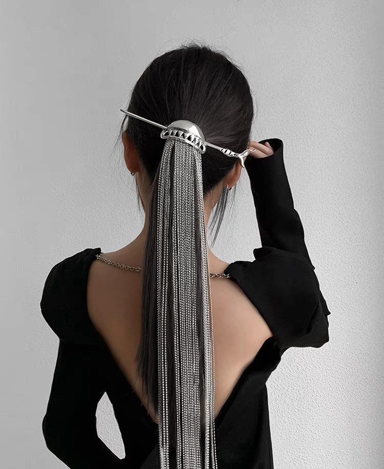 Designer Unique Silver Shark Long Tassel Hairpin