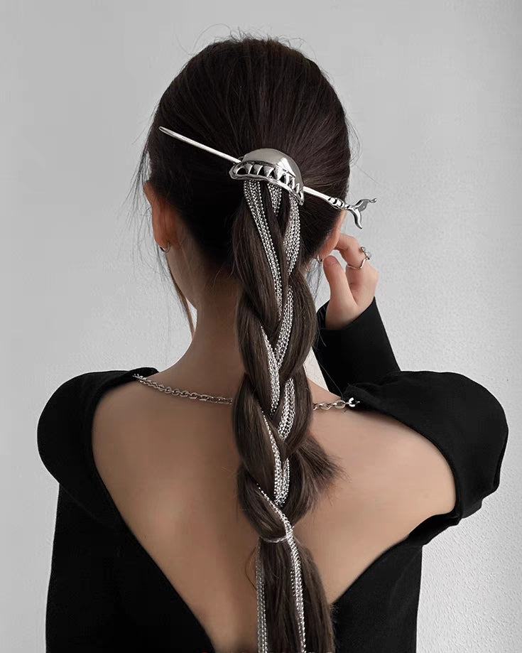 Designer Unique Silver Shark Long Tassel Hairpin