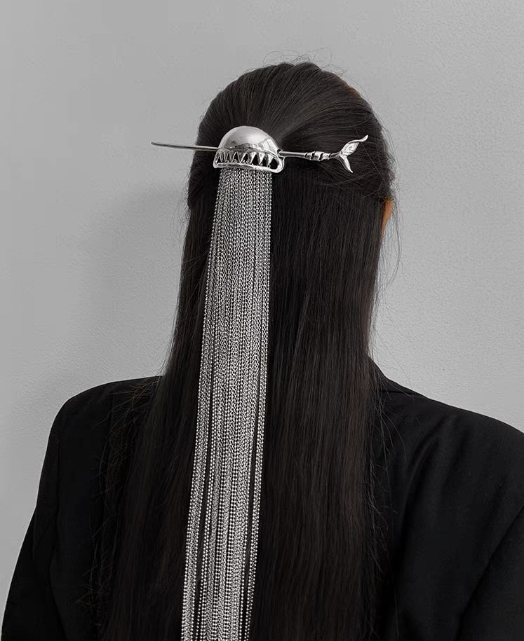 Designer Unique Silver Shark Long Tassel Hairpin