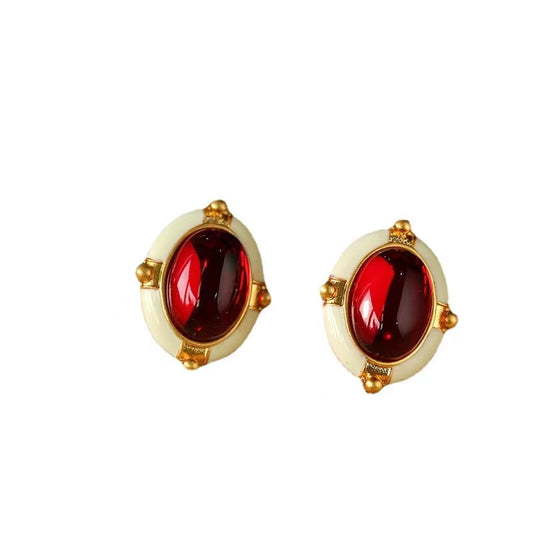Vintage Oval Red Gem Stud Earring