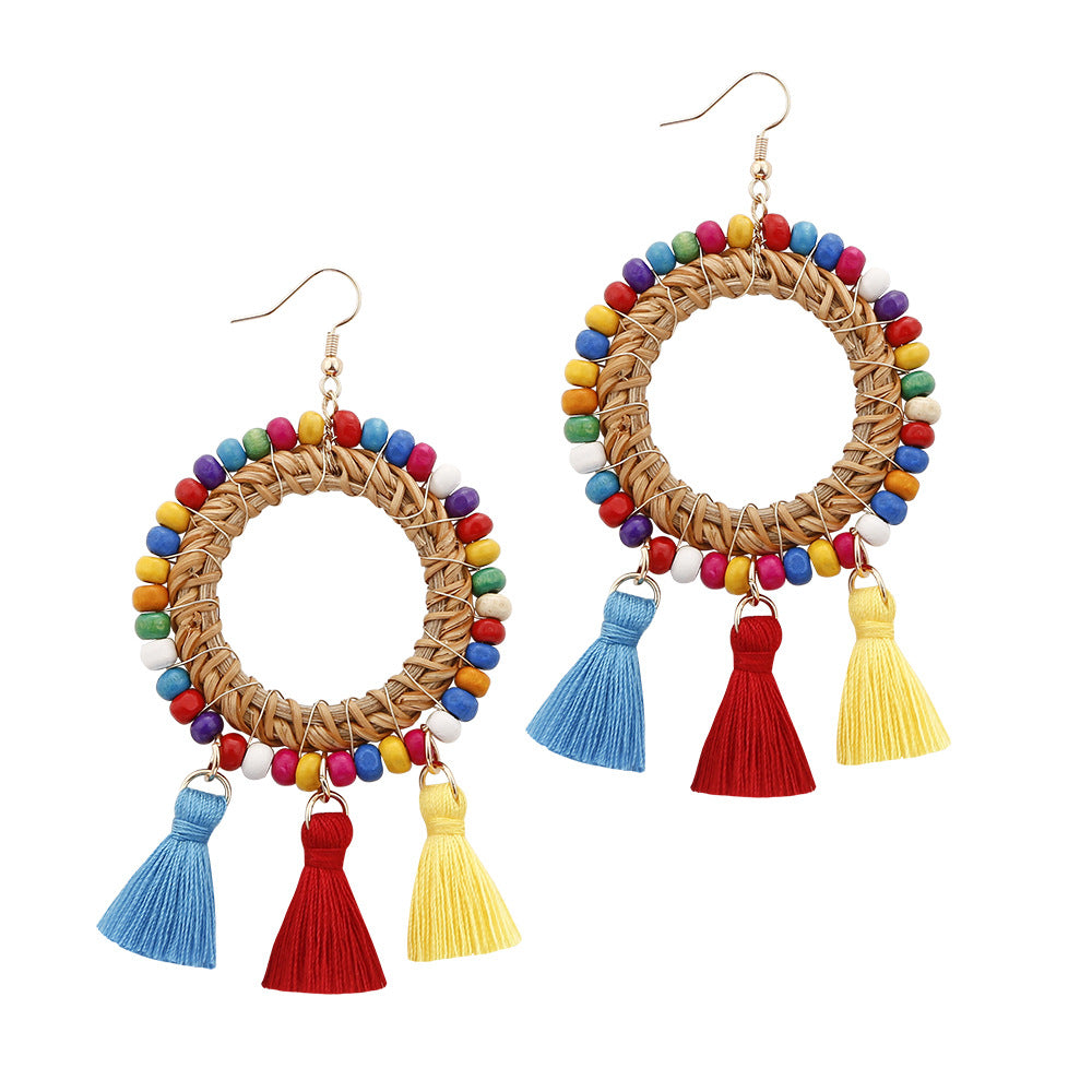 Bohemia Circle Multicolor Rice Beads Woven Earrings DIY Rattan Tassel Earrings