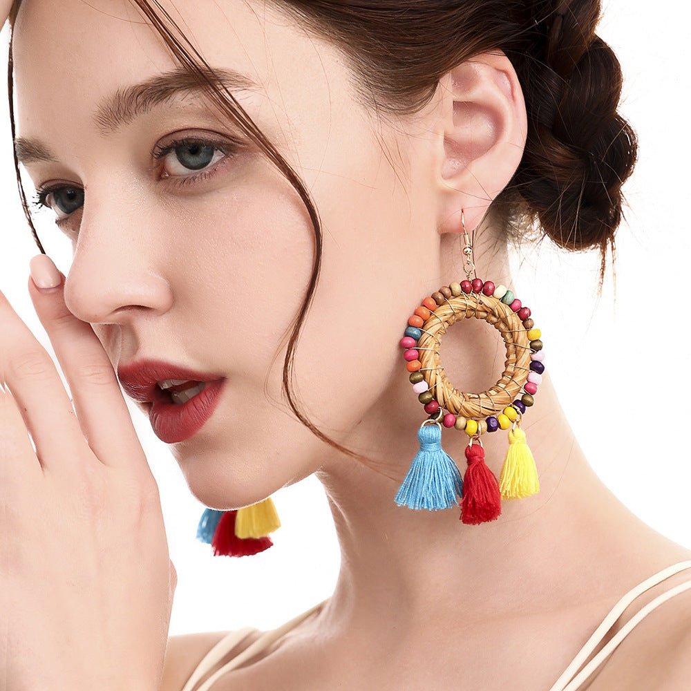 Bohemia Circle Multicolor Rice Beads Woven Earrings DIY Rattan Tassel Earrings