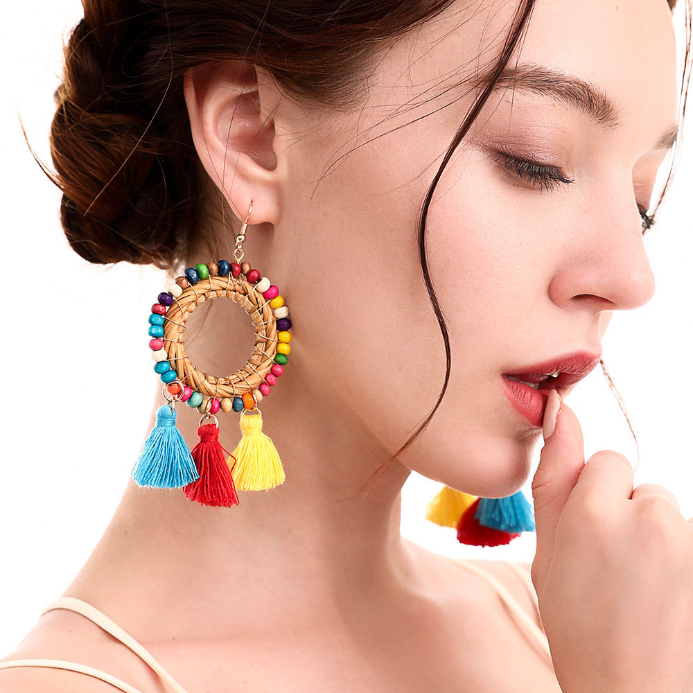 Bohemia Circle Multicolor Rice Beads Woven Earrings DIY Rattan Tassel Earrings
