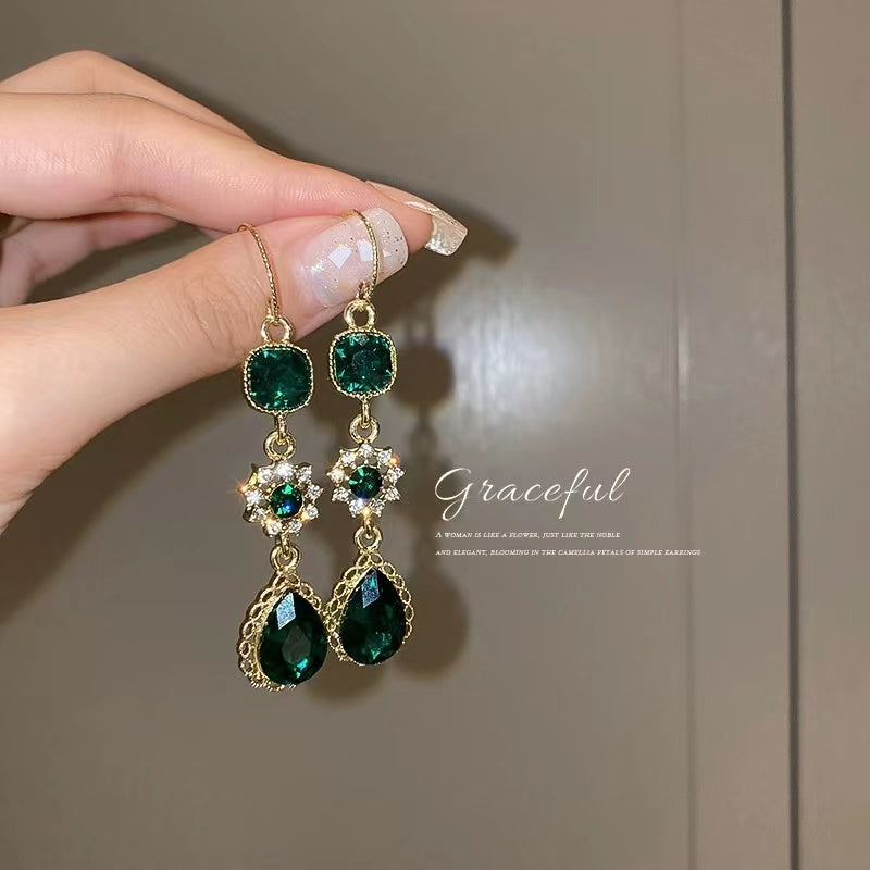 Women Vintage Crystal Art Deco Green Drop Earrings