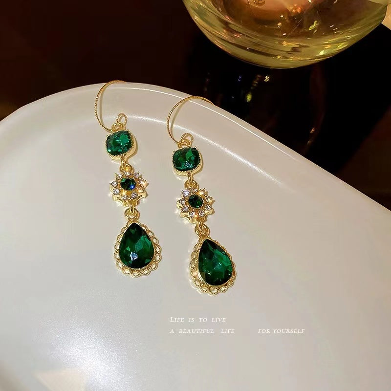 Women Vintage Crystal Art Deco Green Drop Earrings