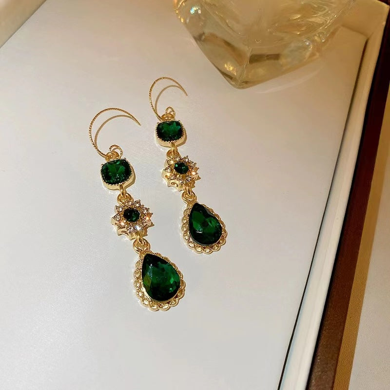 Women Vintage Crystal Art Deco Green Drop Earrings