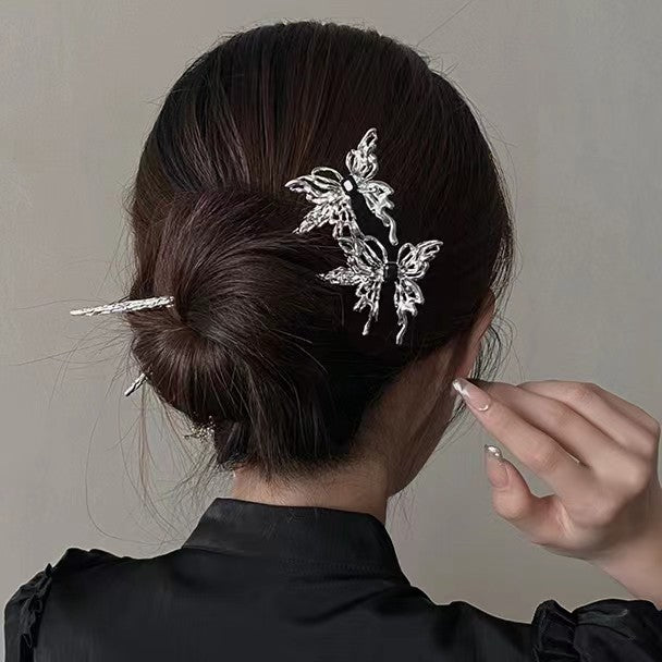 Vintage Silver Butterfly and Black Zircon Hair Pin