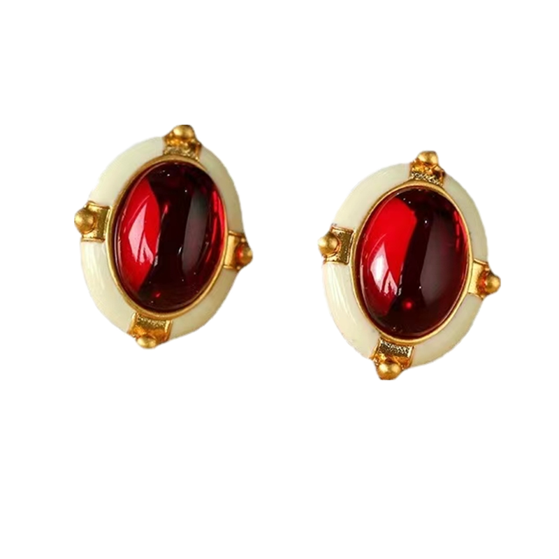 Vintage Oval Red Gem Stud Earring