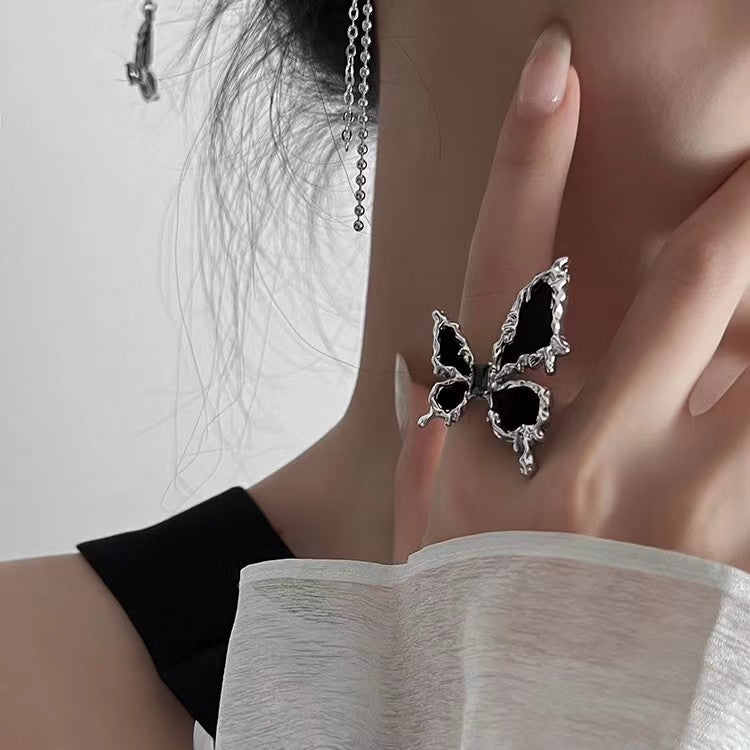 Women Designer Black Butterfly Punk Metal Ring