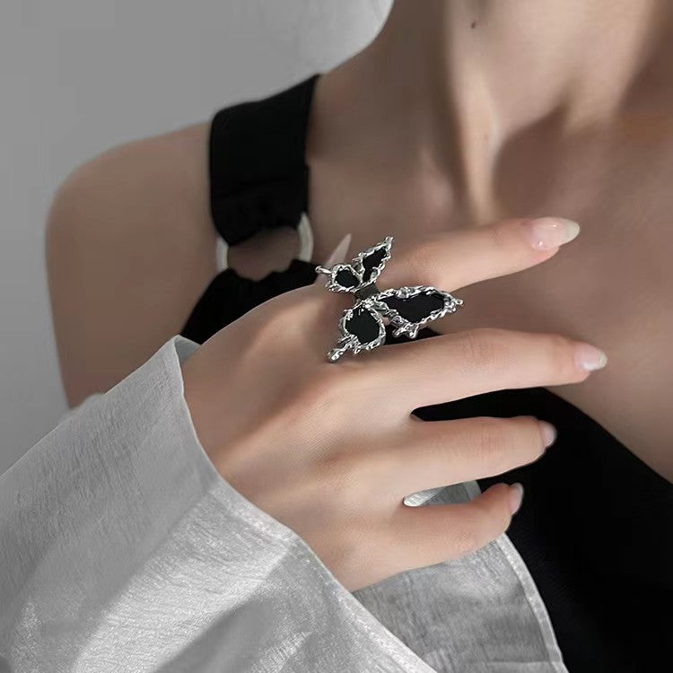 Women Designer Black Butterfly Punk Metal Ring