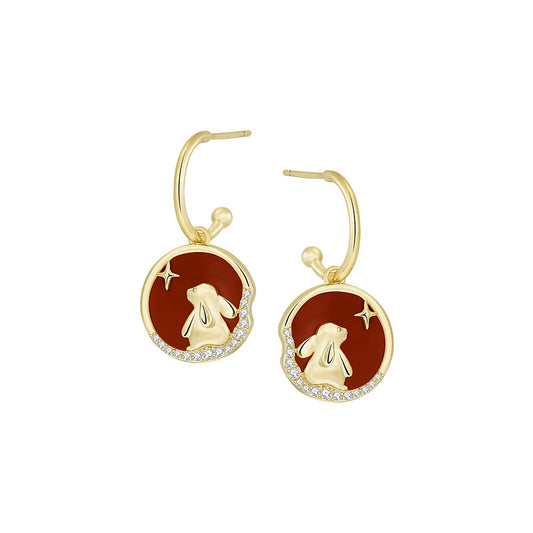 Red Wishing Rabbit Rhinestone Hoop Earring