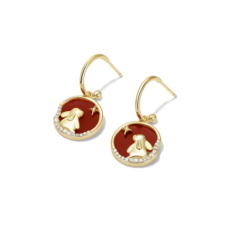 Red Wishing Rabbit Rhinestone Hoop Earring