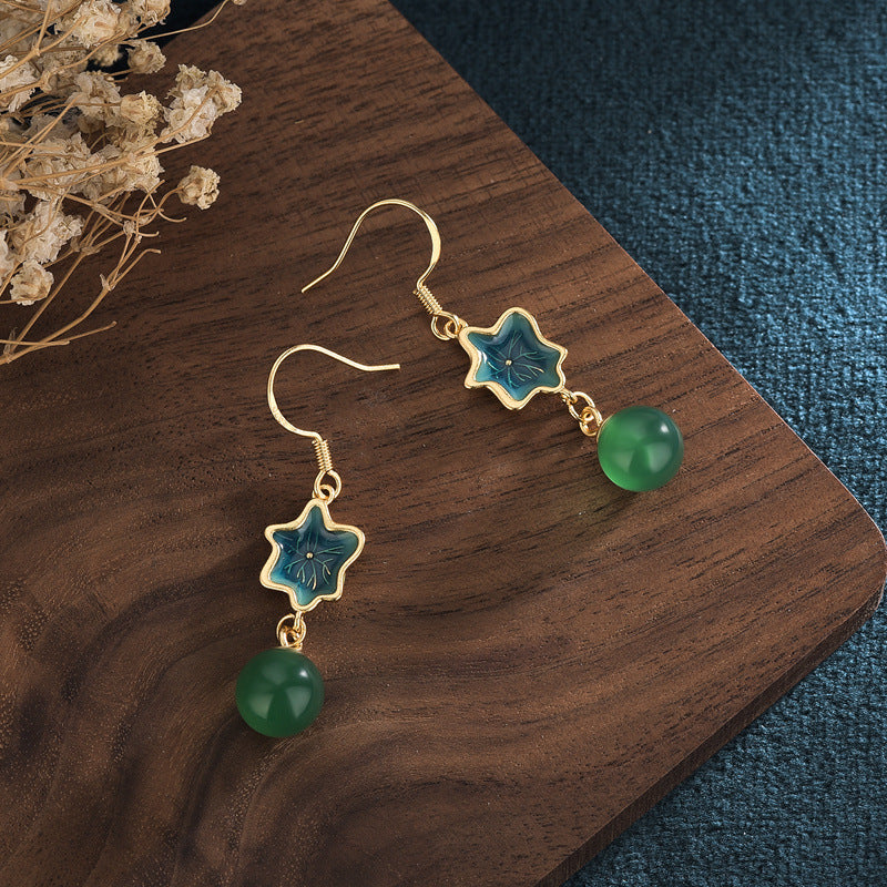 Vintage Chinese Ethnic Green Stone Star Earrings for Women