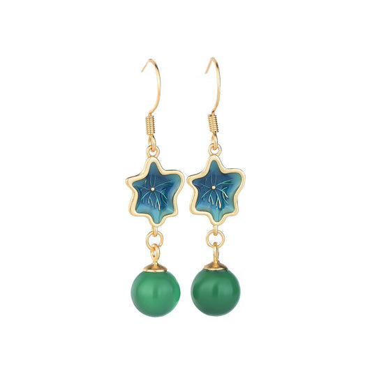 Vintage Chinese Ethnic Green Stone Star Earrings for Women