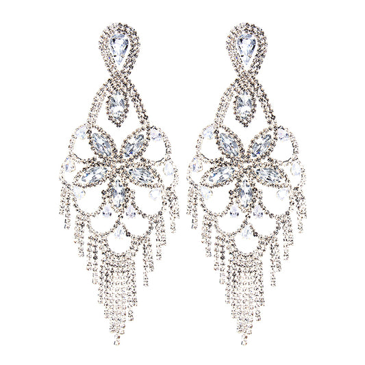 Large Statement Light Weight Crystal Flower Fringe Earrings