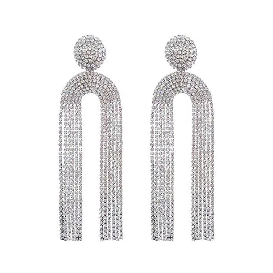 Stunning Bling Rhinestone Silver Long Chain Dangle Earrings