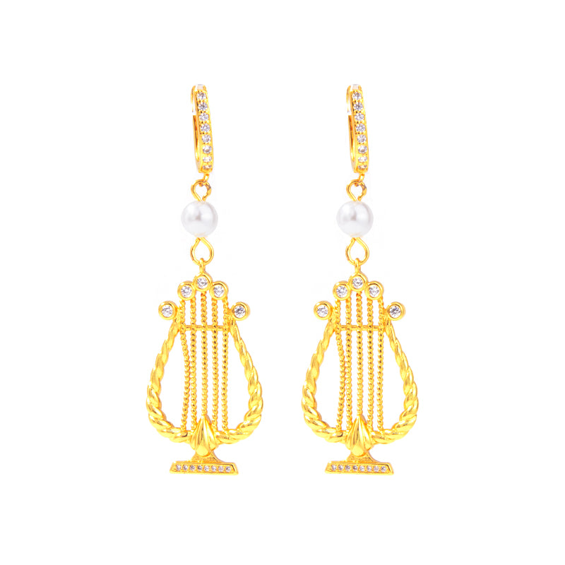 Vintage Elegant Gold Greek Harp Pearl Earring