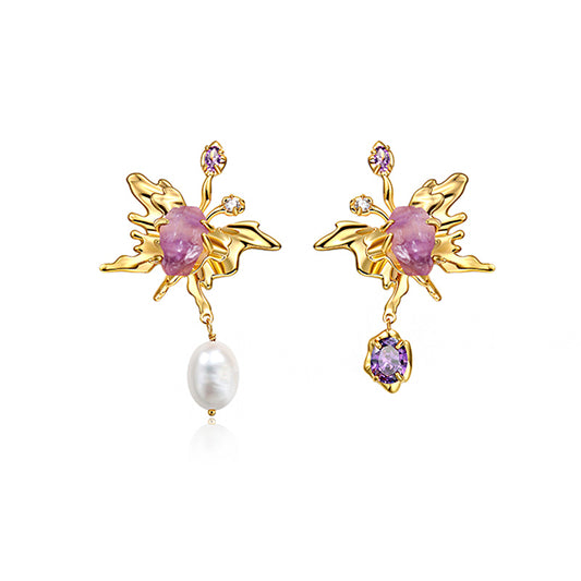 Women Unique Purple and Gold Baroque Asymmetric Butterfly Earring