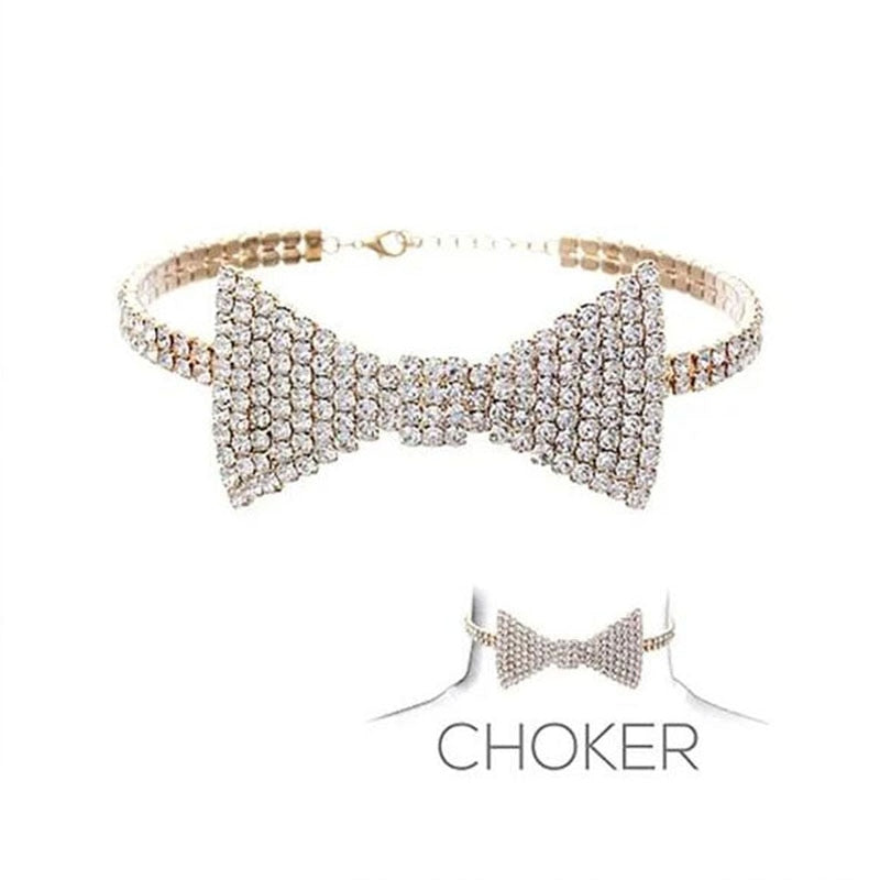 Fashion Big Crystal Rhinestone Bow Tie Necklace Choker Jewelry for Women