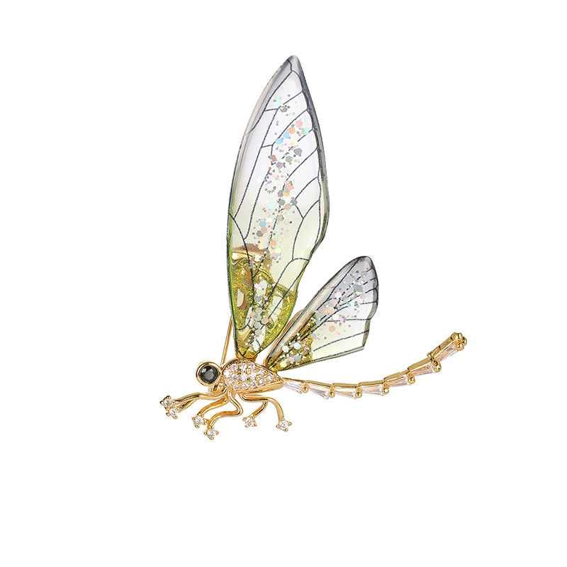 18K Gold Plating Fancy Green Rhinestone Dragonfly Brooch