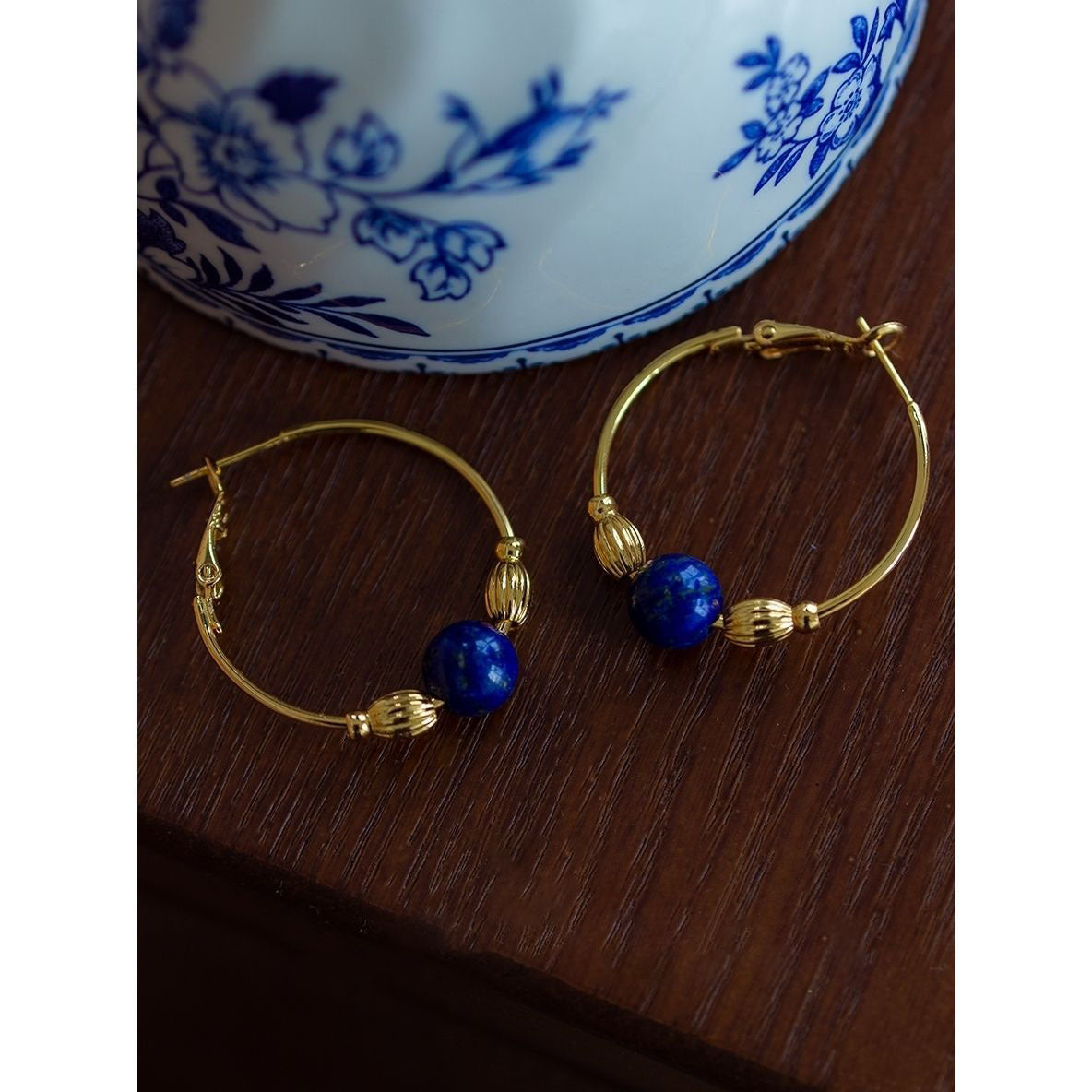 Vintage Gold and Blue Hoop Earring