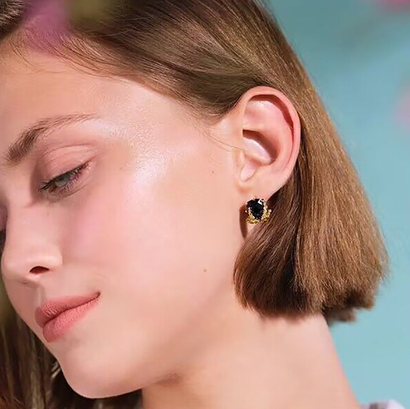 Small Black Zircon and Goldern Wheat Geometric Designer Ear Stud