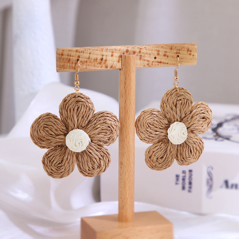 Raffia Flower Earrings Drop Dangle Handmade Women Party Jewelry Gifts