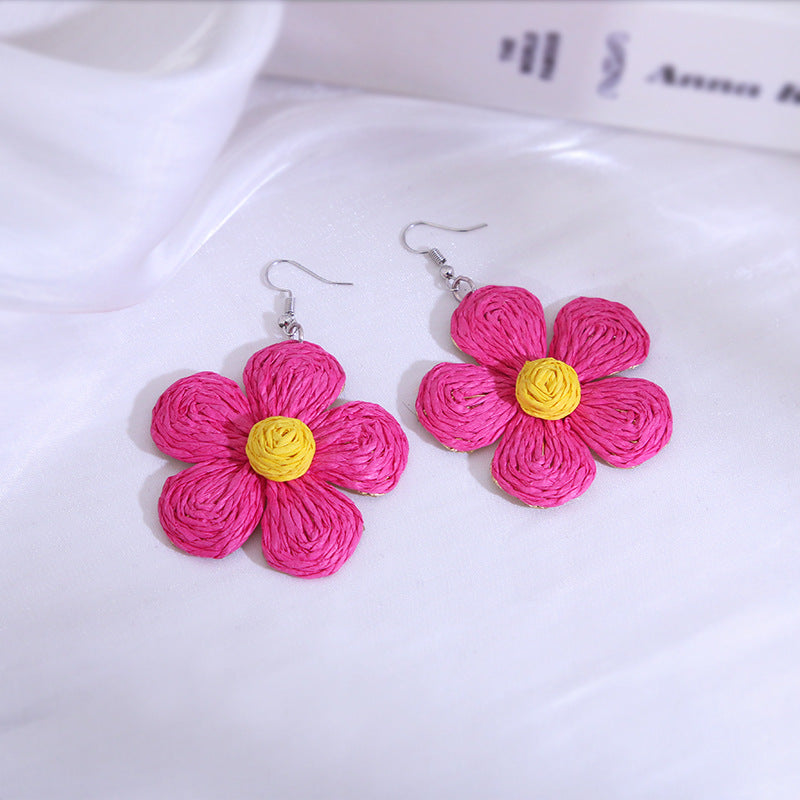 Raffia Flower Earrings Drop Dangle Handmade Women Party Jewelry Gifts