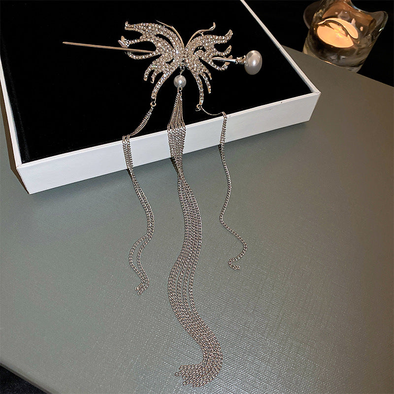 Designer Rhinestone Shining Butterfly Tassel Hairpin