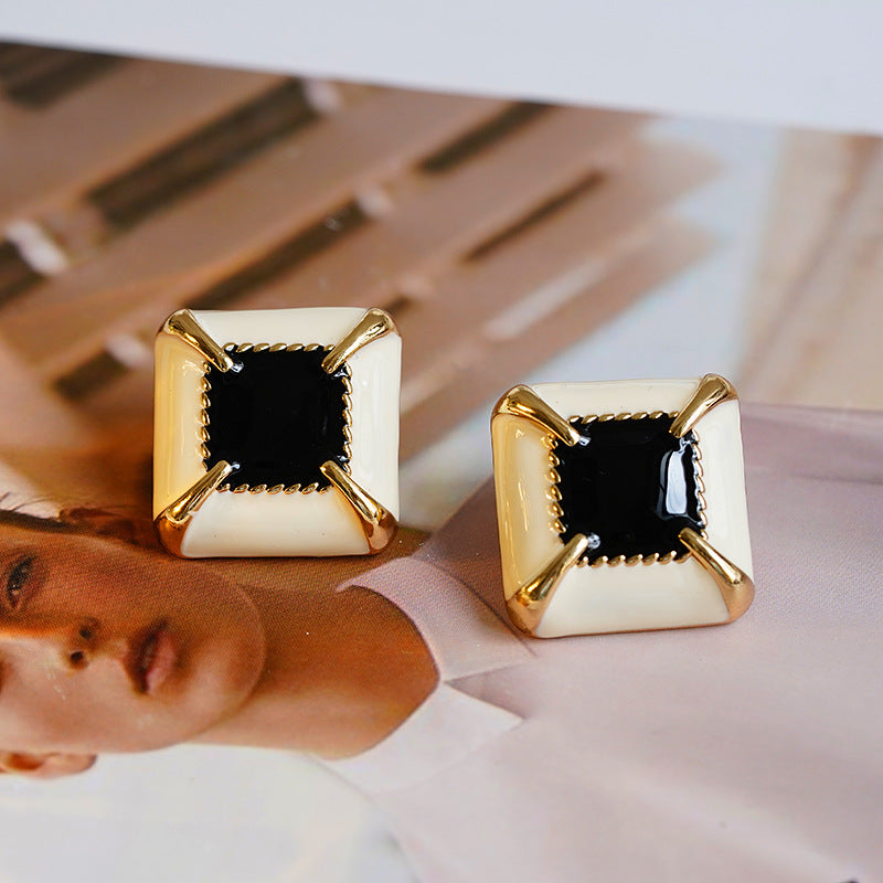 Vintage Square Black and White Button Stud Earring