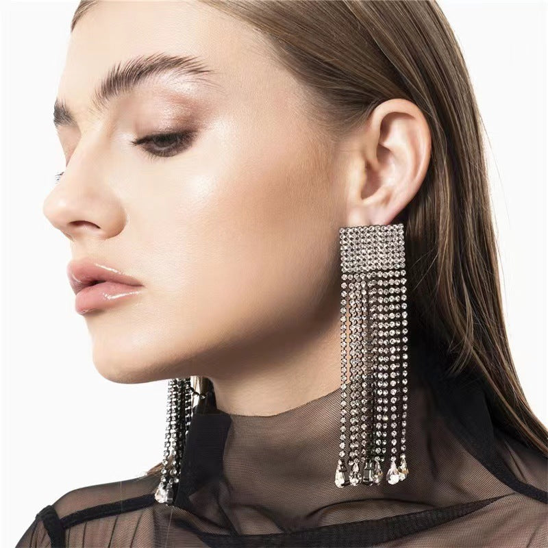 Bright Flashing Women Long Rhinestone Tassel Earring