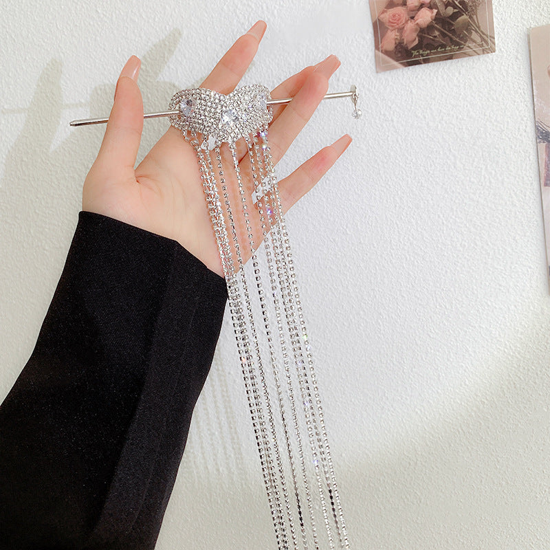 Chic Shining Silver Rhinestone Long Tassel Hairpin