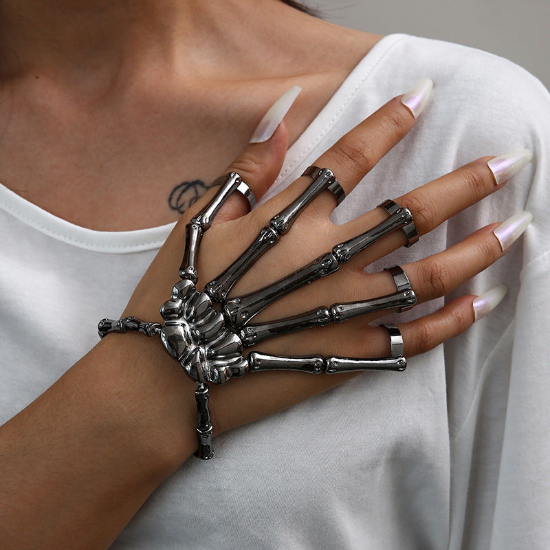 Men/ Women Punk Hand Bone Bracelet with Ring Skull Fingers Wristband Ghost