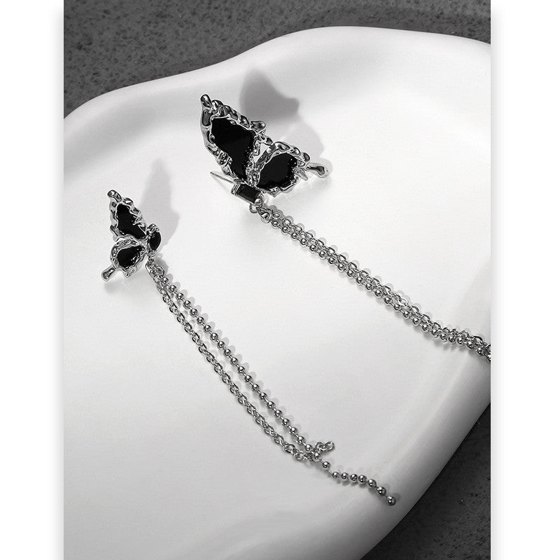Designer Asymmetric Black Butterfly Tassel Stud Earring