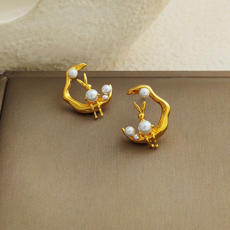 Cute Designer Rabbit in the Moon Pearl Stud Earring