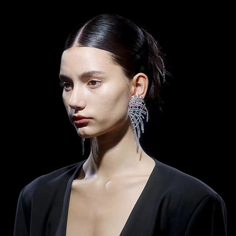 Women Statement Rhinestone Designer Web Tassel Earring